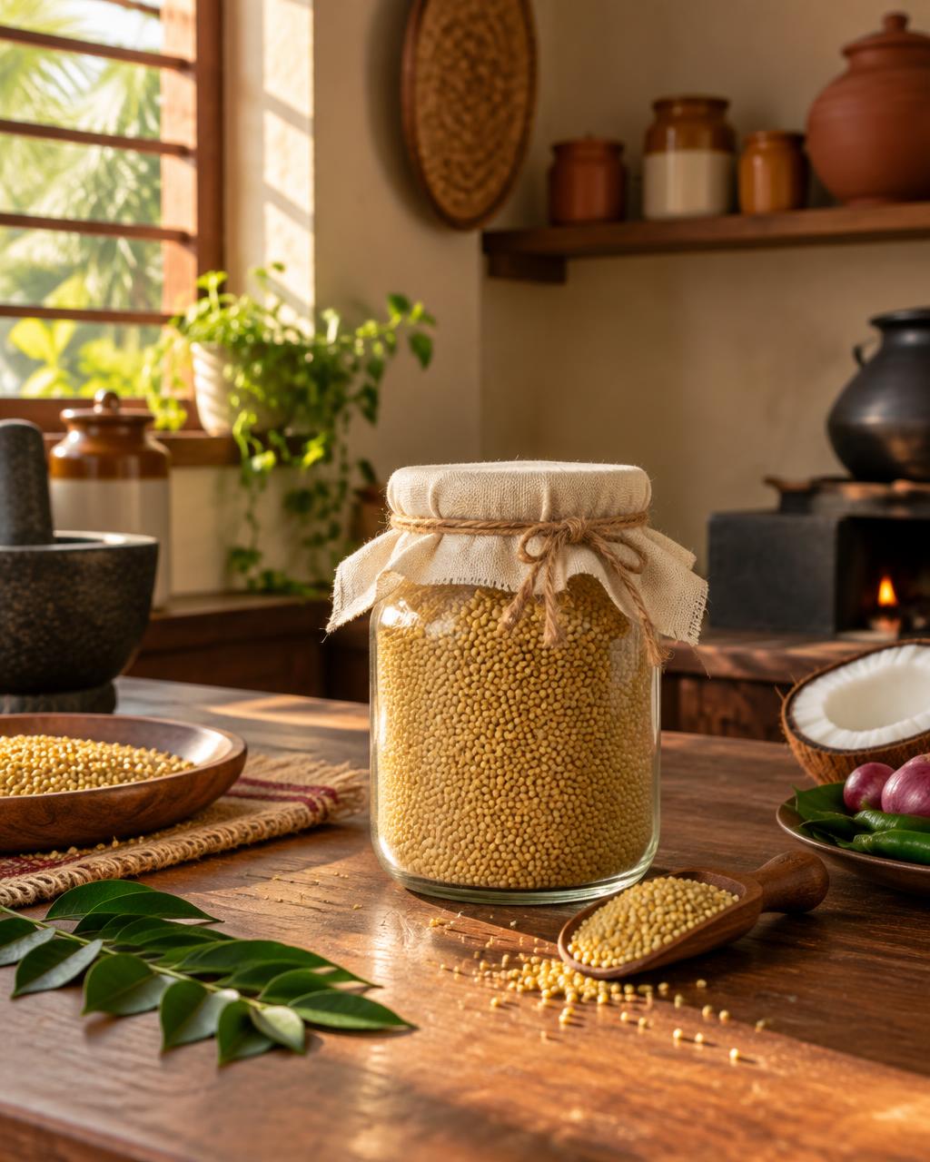 Cloth-tied jar of freshly milled millet in a Kerala kitchen