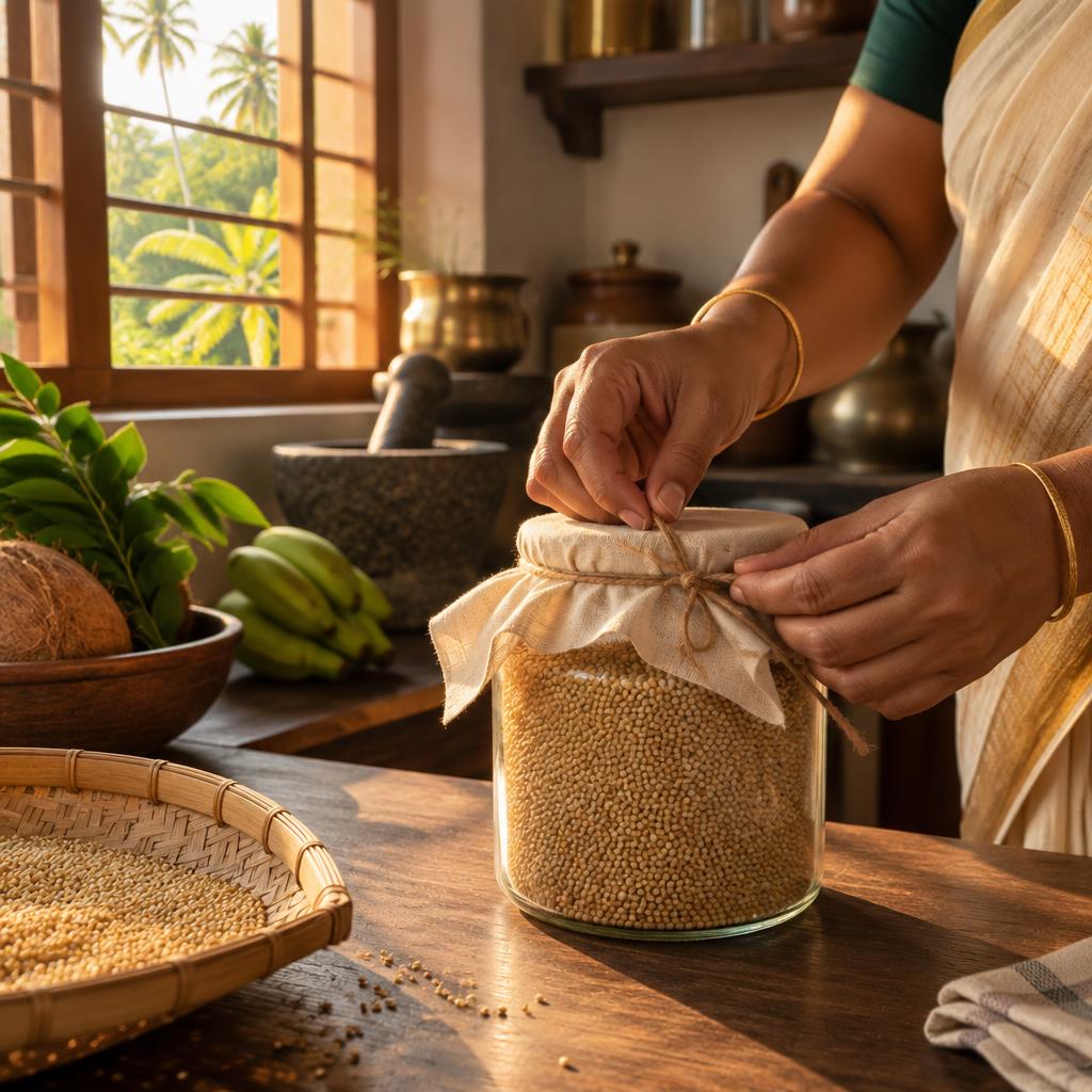 Hands tying a cloth lid on a jar of millet